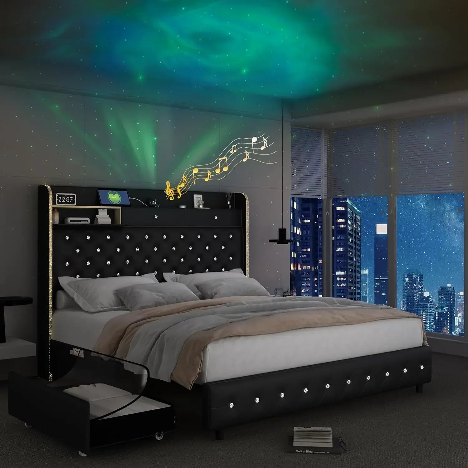 LED Bed Frame w/ Galaxy Aurora Star Projector,  Charging Station, Platform Beds with 52" Diamond Upholstered