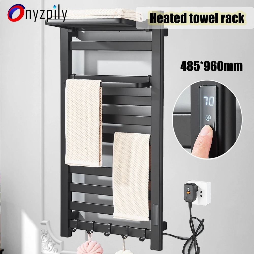 Black Heated Towel Rack, 304 Stainless Steel, Touch Digital Display & Thermostatic Dryer