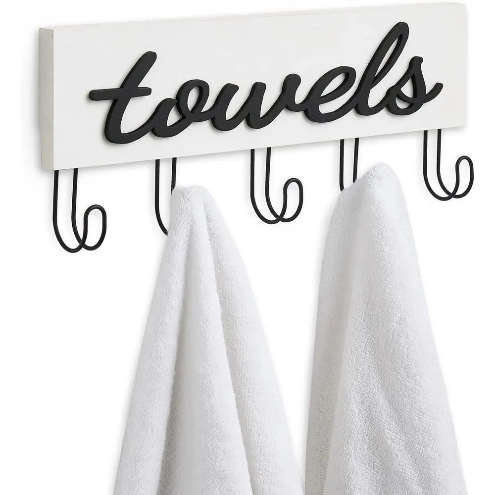 Rustic White Wood Wall-Mounted Towel Rack with Hooks