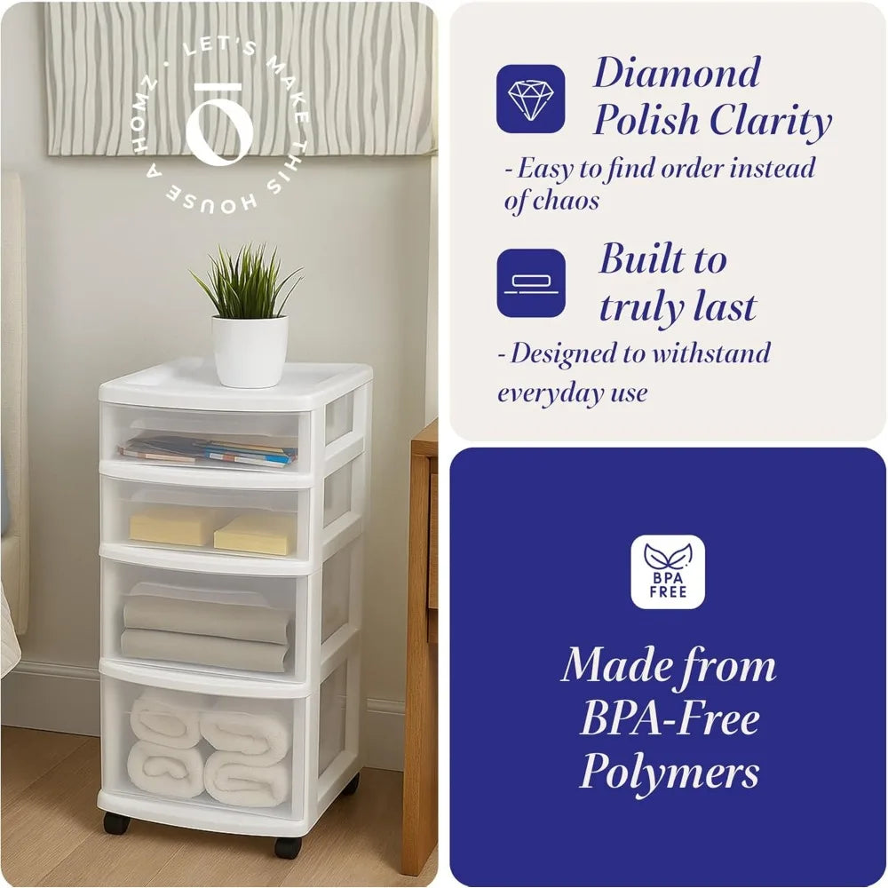 4 Tier Clear Plastic Drawer Tower on Wheels for  Storage