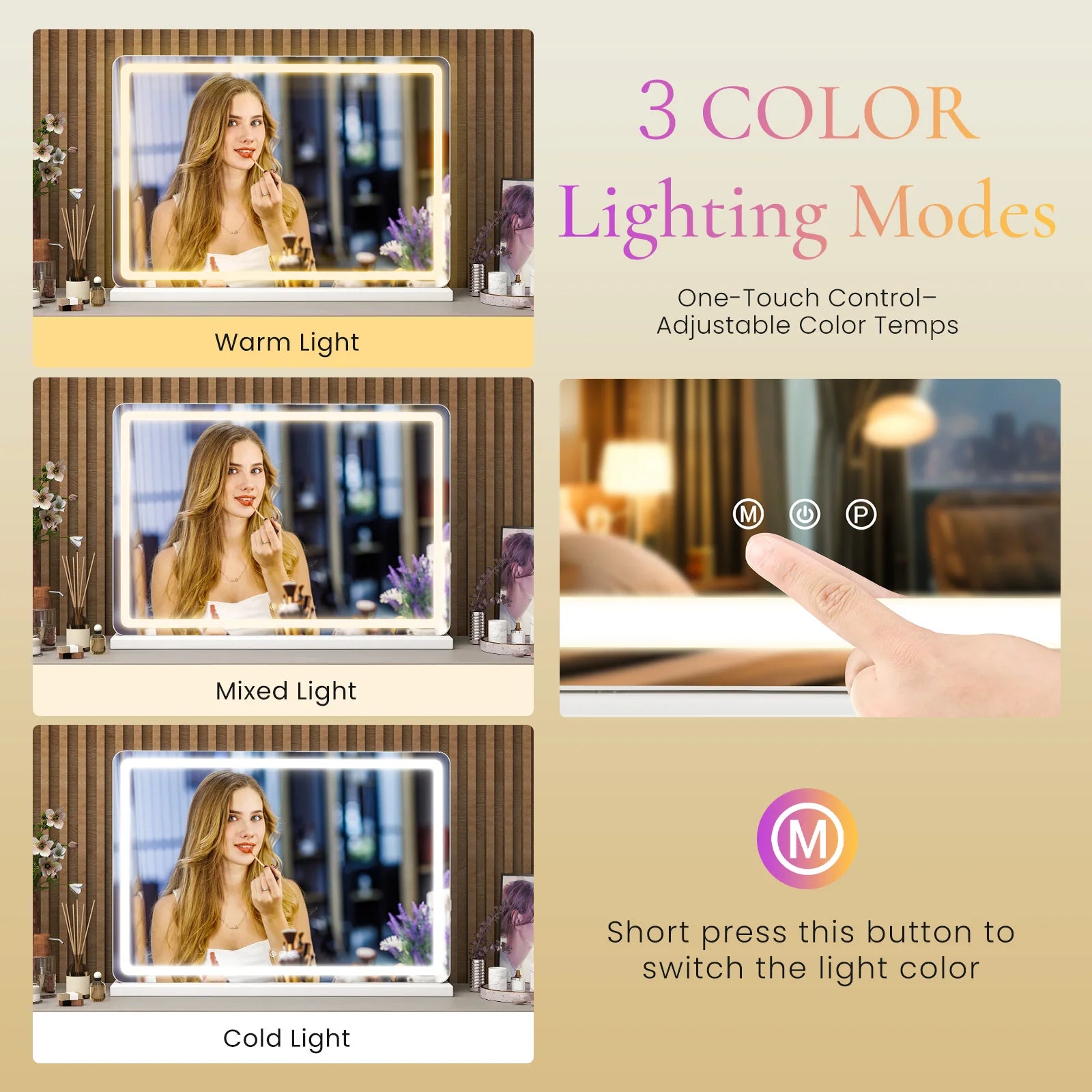 Lighted Bathroom Vanity Mirror, Dimmable LED,3 Color Modes, Aluminum Frame
