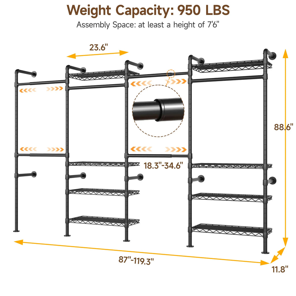 Wall Mounted Industrial Pipe  Clothes Rack, Closet Organizer  with Rods Expandable,