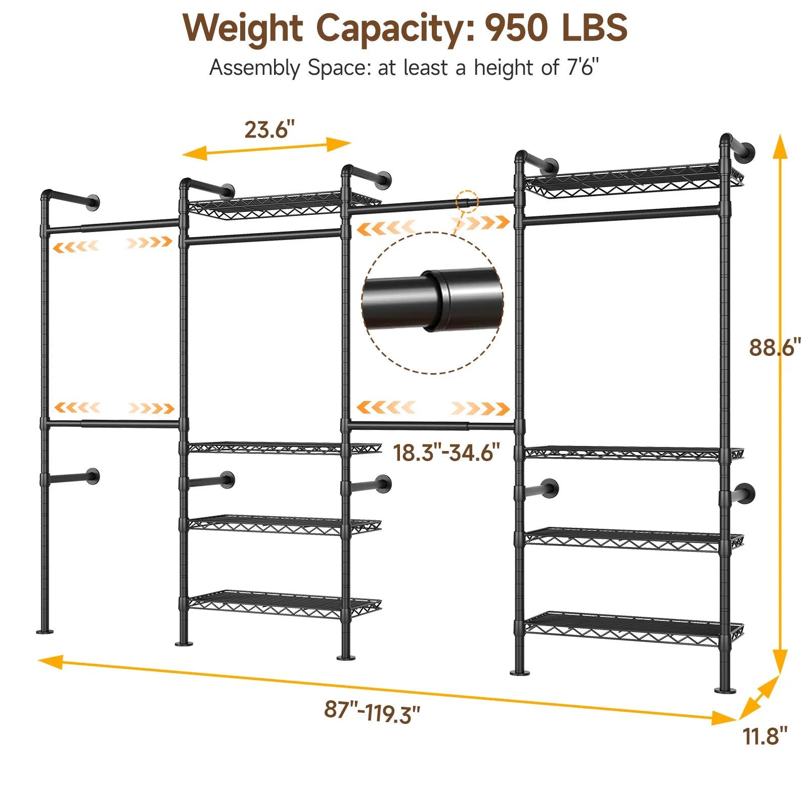 Wall Mounted Industrial Pipe  Clothes Rack, Closet Organizer  with Rods Expandable,
