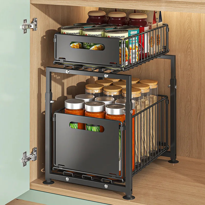 2 Tier Slide Out Cabinet Organizer , Adjustable Metal under sink storage shelf, Heavy Duty
