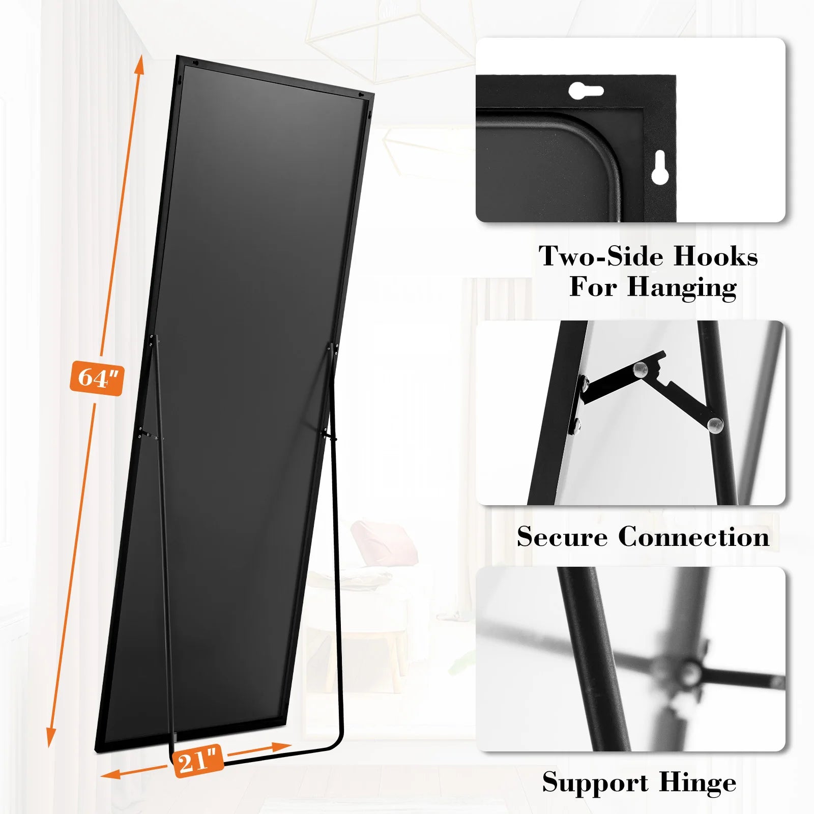 64"x21" Full Body Wall Mirror Standing Hanging or Leaning Wall-Mounted with Stand Aluminum Alloy Frame