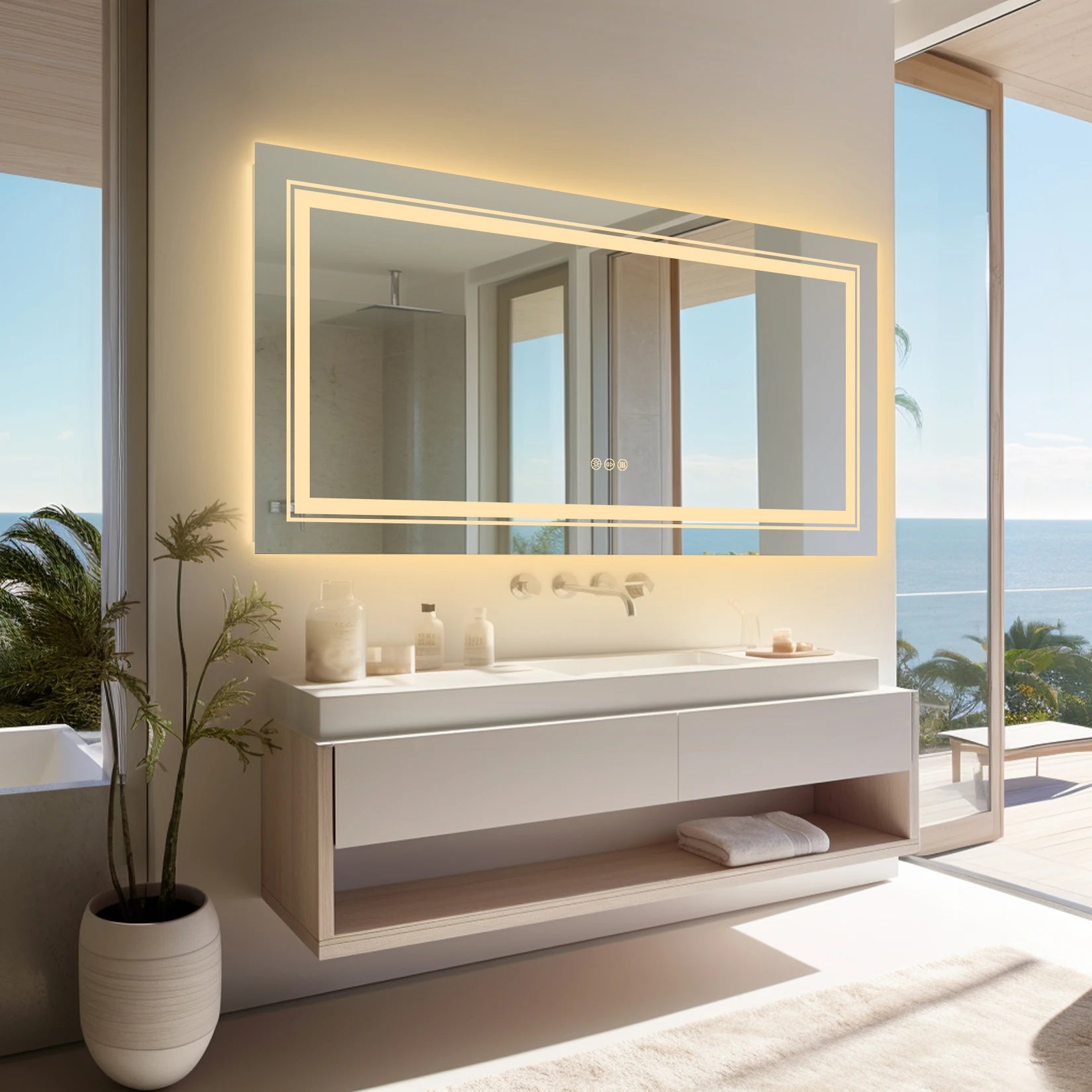 Extra Large Rectangle Bathroom Mirror LED  Dimmable Backlit Anti-Fog Memory with Front and Backlight Shatter-Proof