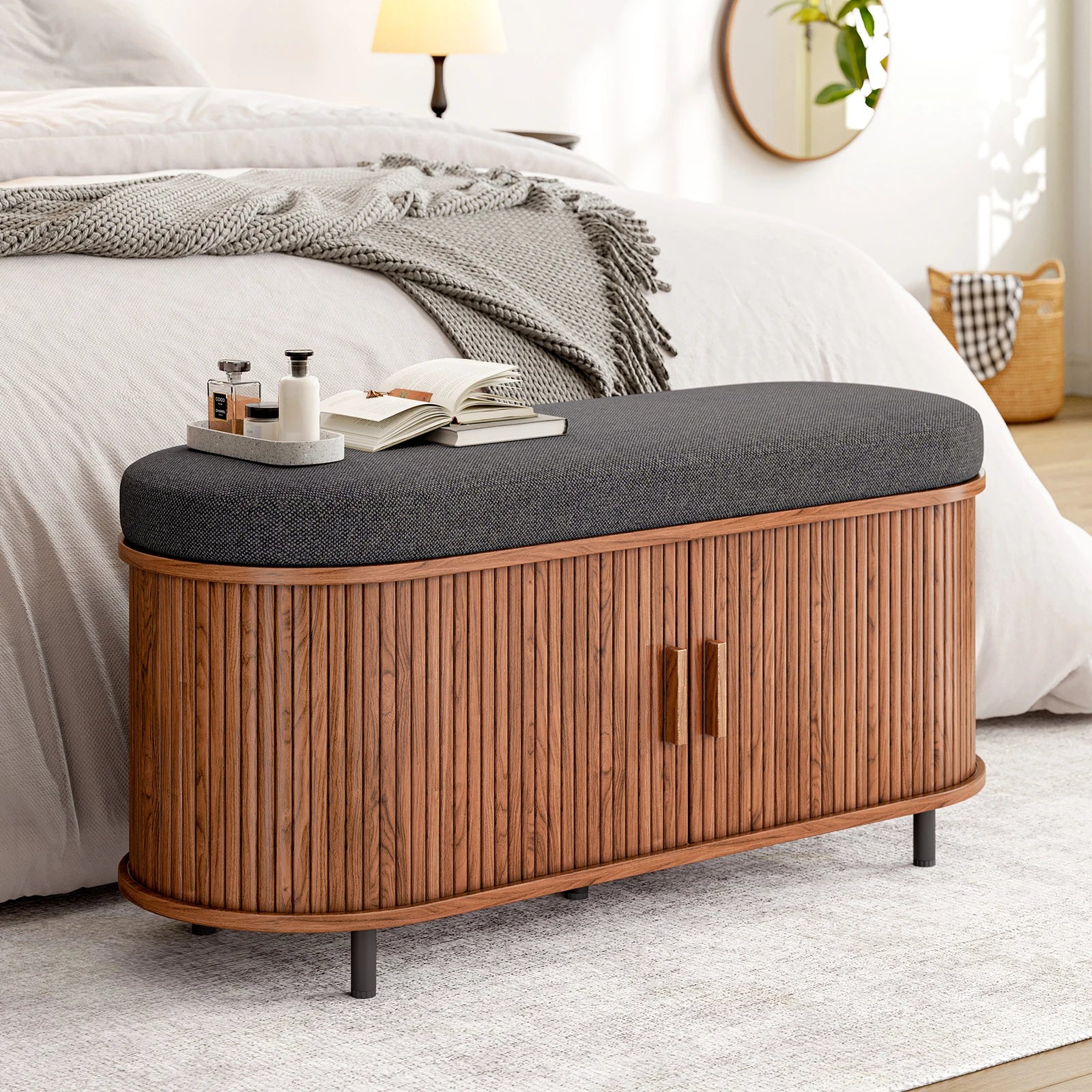 43.3" Shoe Storage Bench with 3 Tier Rack,  Cushion and Sliding Door Removable
