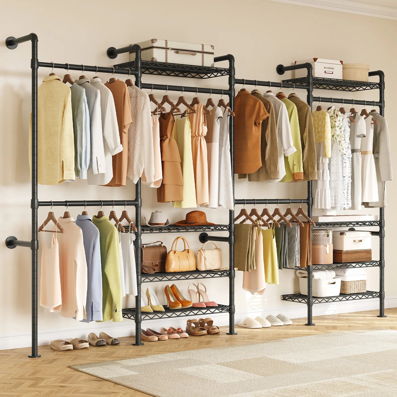 Wall Mounted Industrial Pipe  Clothes Rack, Closet Organizer  with Rods Expandable,