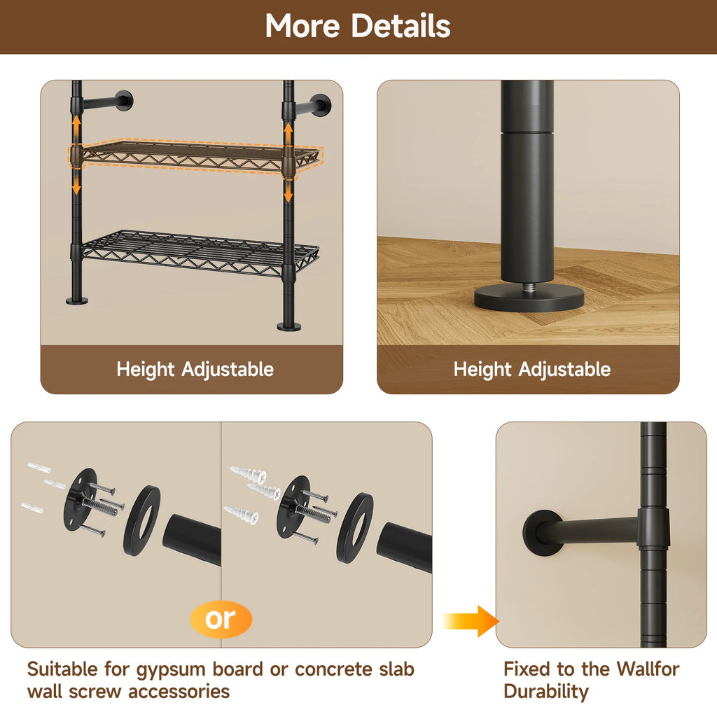 Wall Mounted Industrial Pipe  Clothes Rack, Closet Organizer  with Rods Expandable,