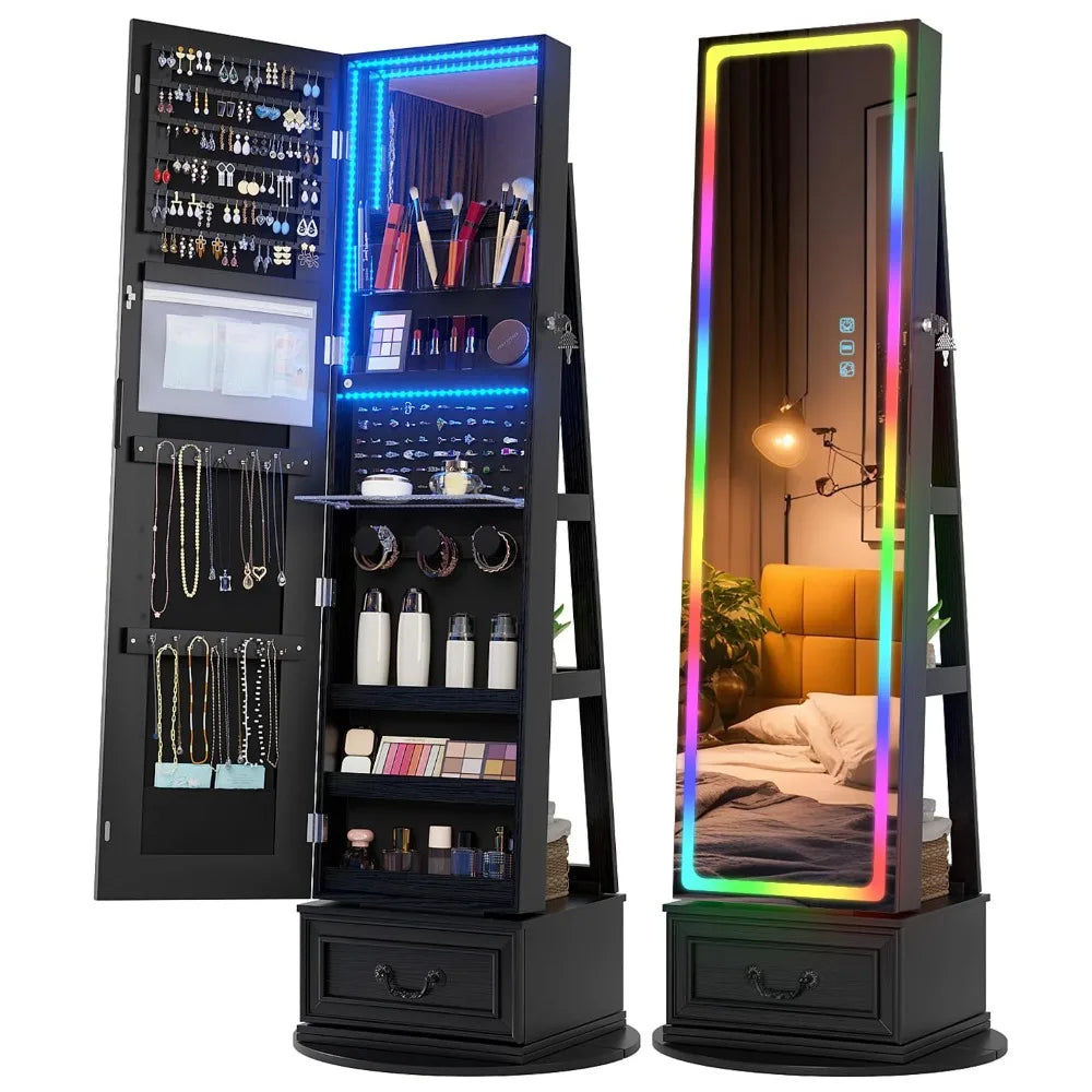 LED Full Length Standing Mirror Jewelry Cabinet with Lights, Lockable with Storage,