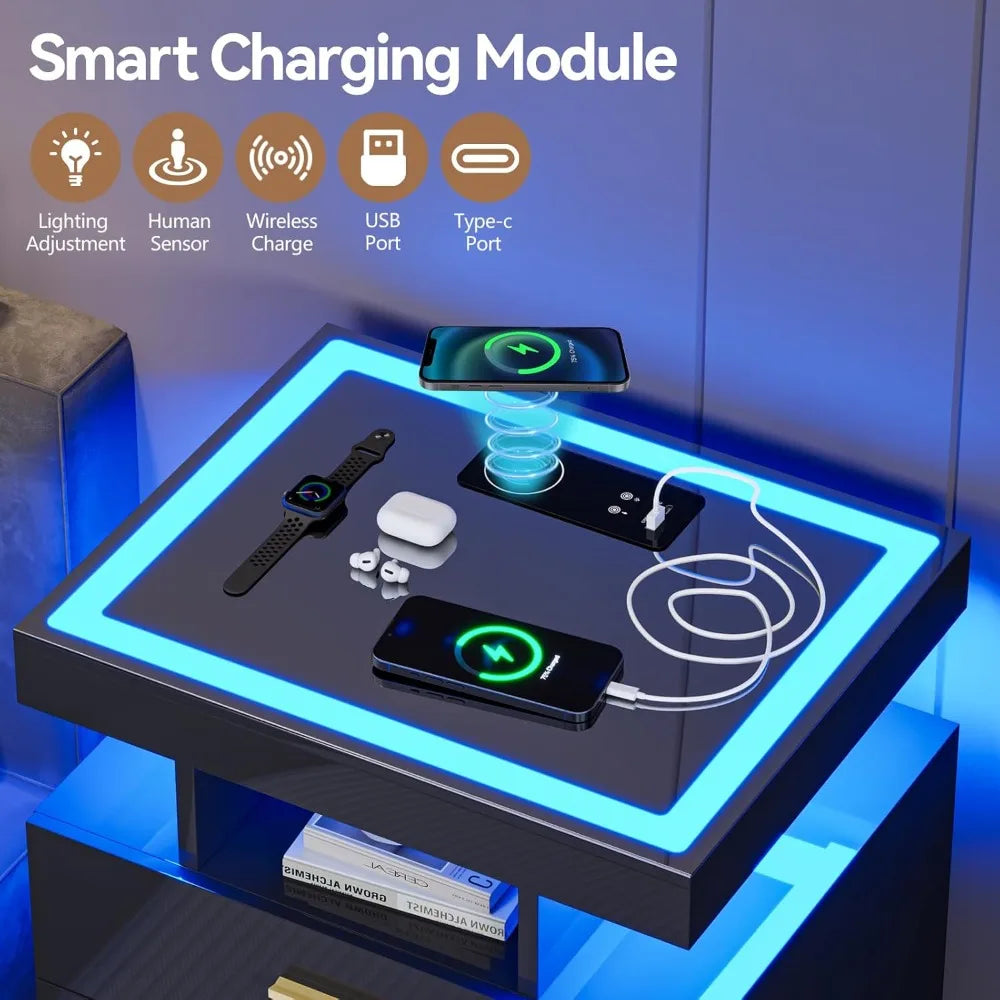 Black Night Stand Set 2  with Wireless Charging 3 Drawers Glass Top
