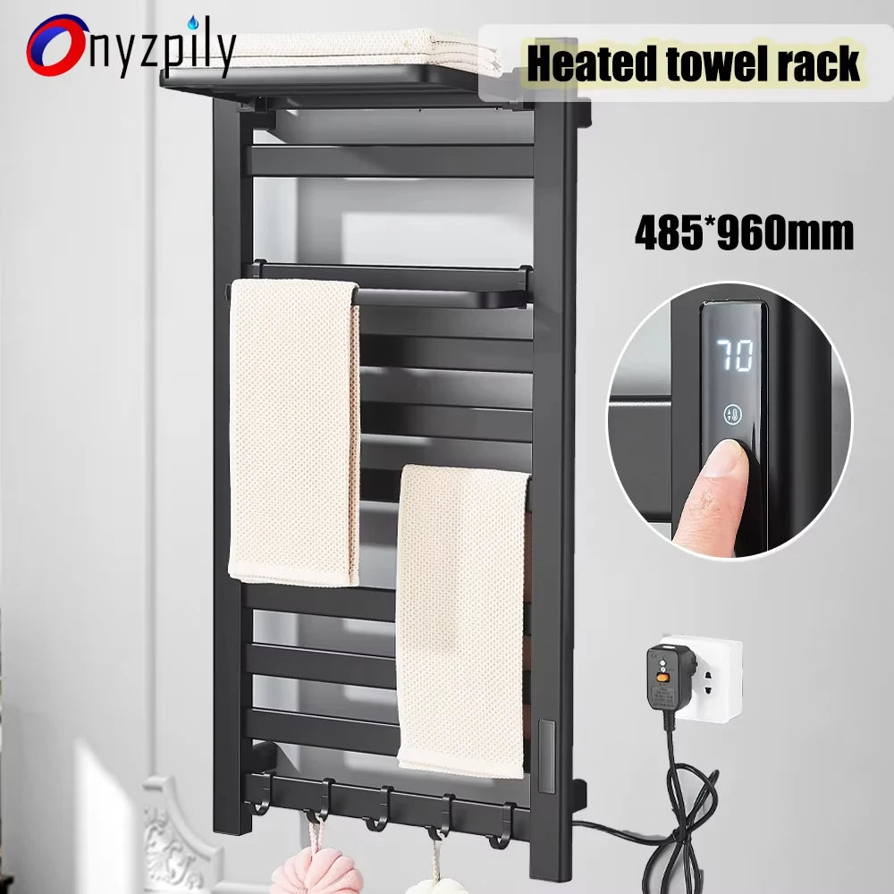 Black Heated Towel Rack, 304 Stainless Steel, Touch Digital Display & Thermostatic Dryer