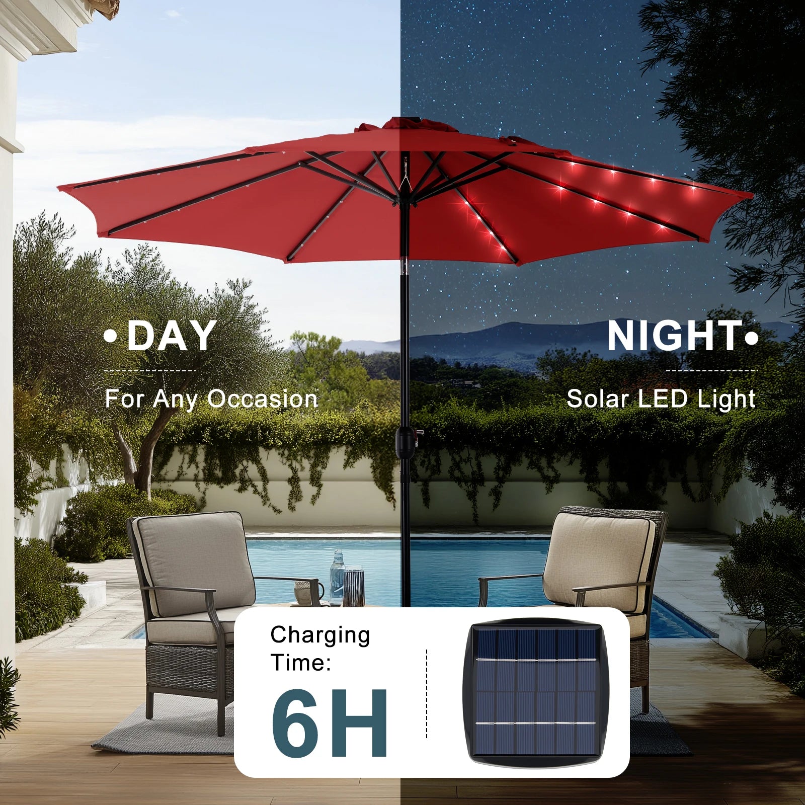 JHK 10FT Solar Patio outdoor Umbrella with 32 LED Lights UV-Resistant Table Umbrella with Tilt and Crank