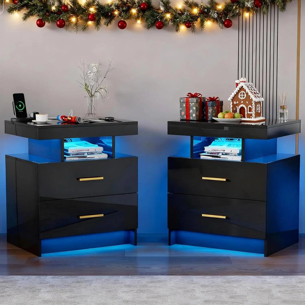 Black Night Stand Set 2  with Wireless Charging 3 Drawers Glass Top