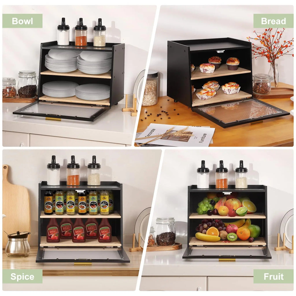 Double Layer Bamboo Bread Box for  Kitchen Counter Storage