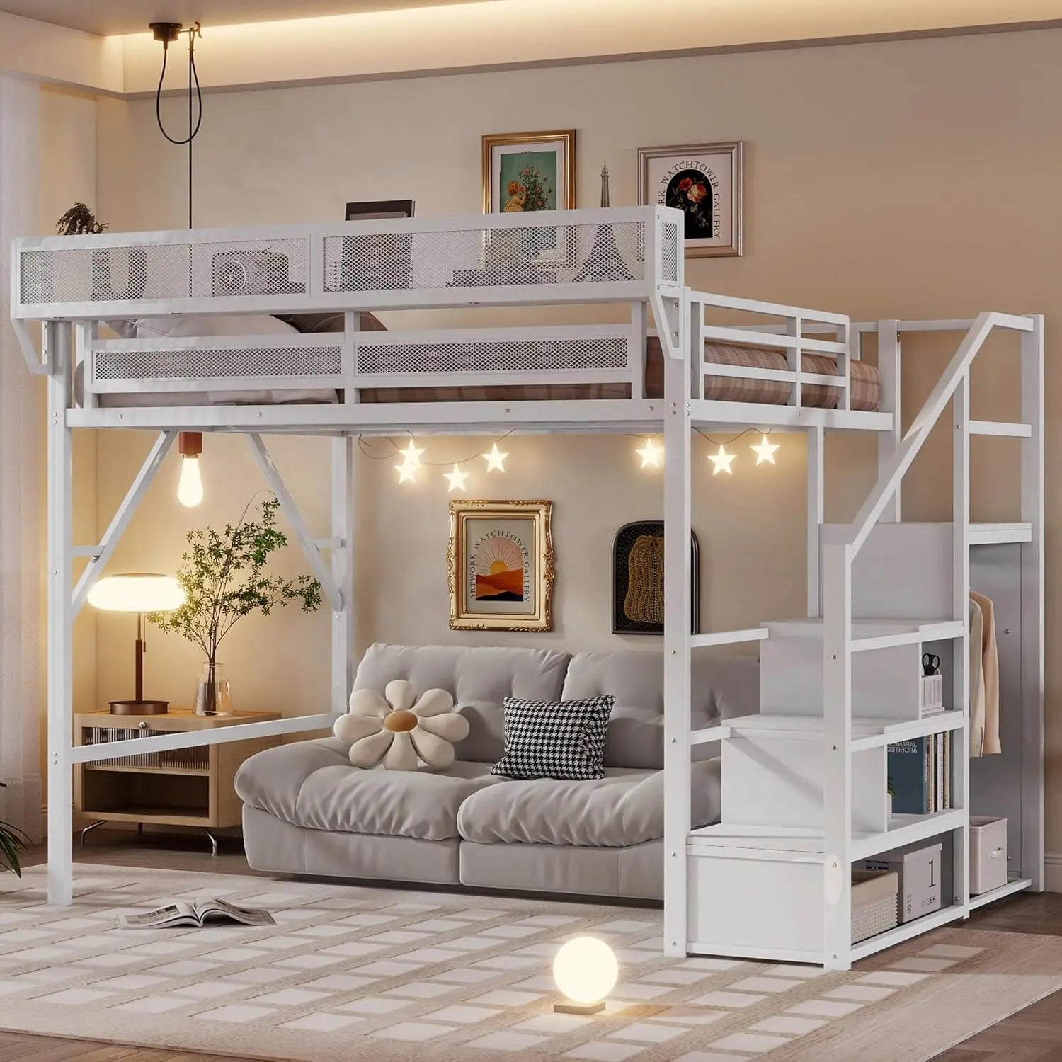 Queen  Metal Loft Bed with Stairs,  Storage, Wardrobe,& Bedside Shelf