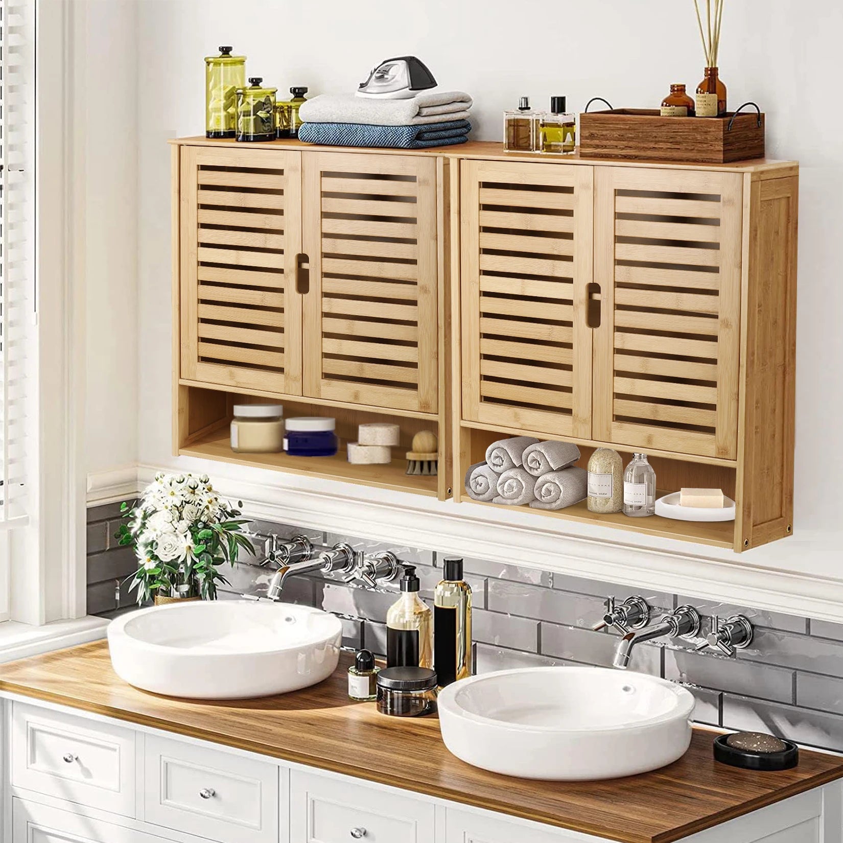 Wall Mounted Bamboo Bathroom Medicine  Cabinet Storage Shelf Cupboard Organizer Rack