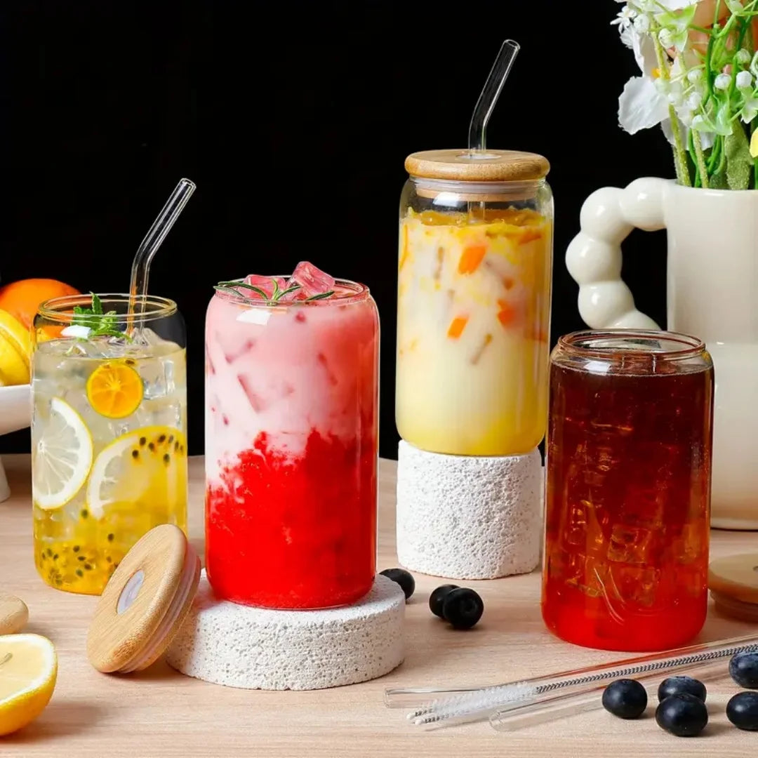 6pcs 18.6oz/550ml Drinking Glasses with Bamboo Lids and Glass Straw