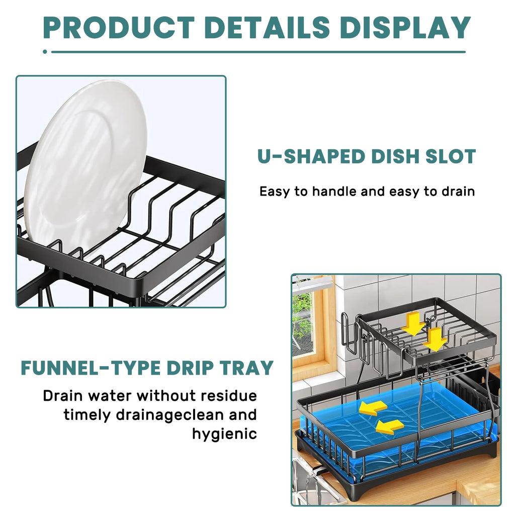 Large 2-tier dish drying rack for kitchen countertops, removable & large capacity