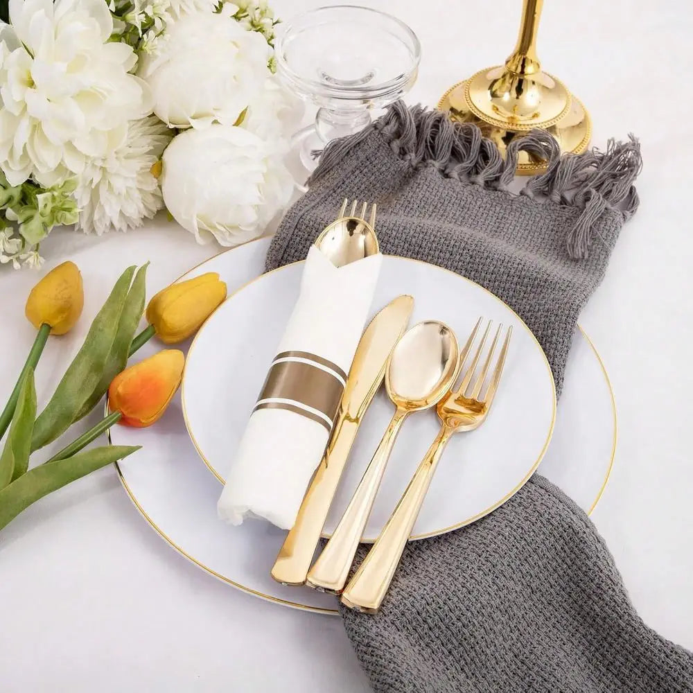 Pre Rolled Gold Plastic Cutlery Set, with Gold Napkin, Disposable