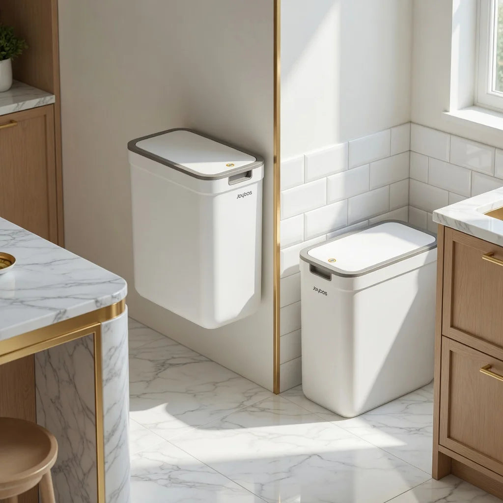 Dual-Use Wall Mounted or Floor Standing Slim  Trash Can with Lid, No-Drill,  Hanging Bin For Bathroom,  Kitchen or  Cabinet Door,