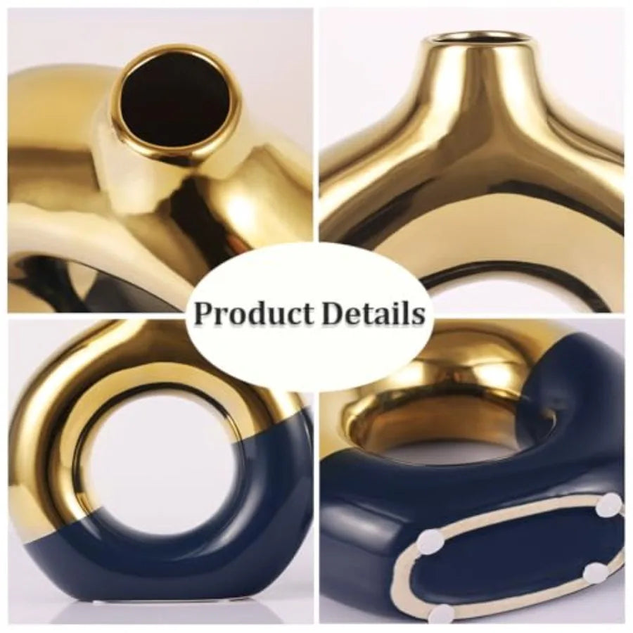 Gold and Navy Blue Ceramic Donut Vase Set of 2,
