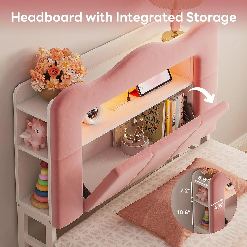 Twin LED Bed Frame ,  Bookcase , Headboard 2 drawers,  Velvet Platform.  Charging Station ,  No Box Spring