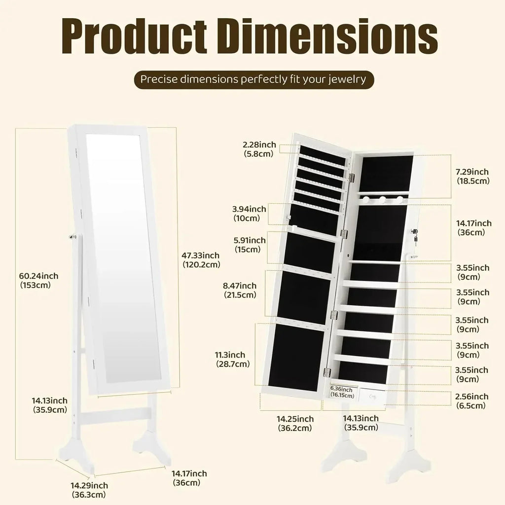 Jewelry Armoire Cabinet, 47.3-Inch Full Length  Standing Mirror, Tall Lockable Full