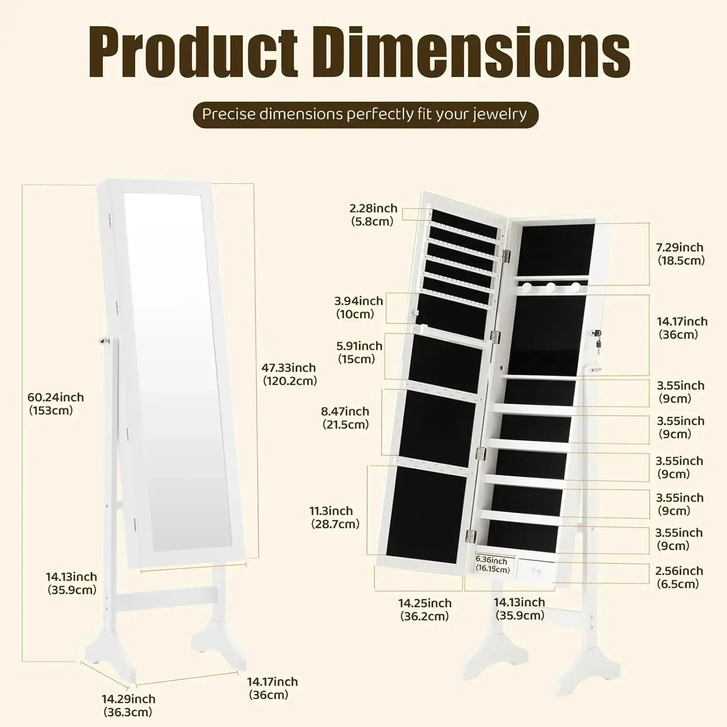Jewelry Armoire Cabinet, 47.3-Inch Full Length  Standing Mirror, Tall Lockable Full