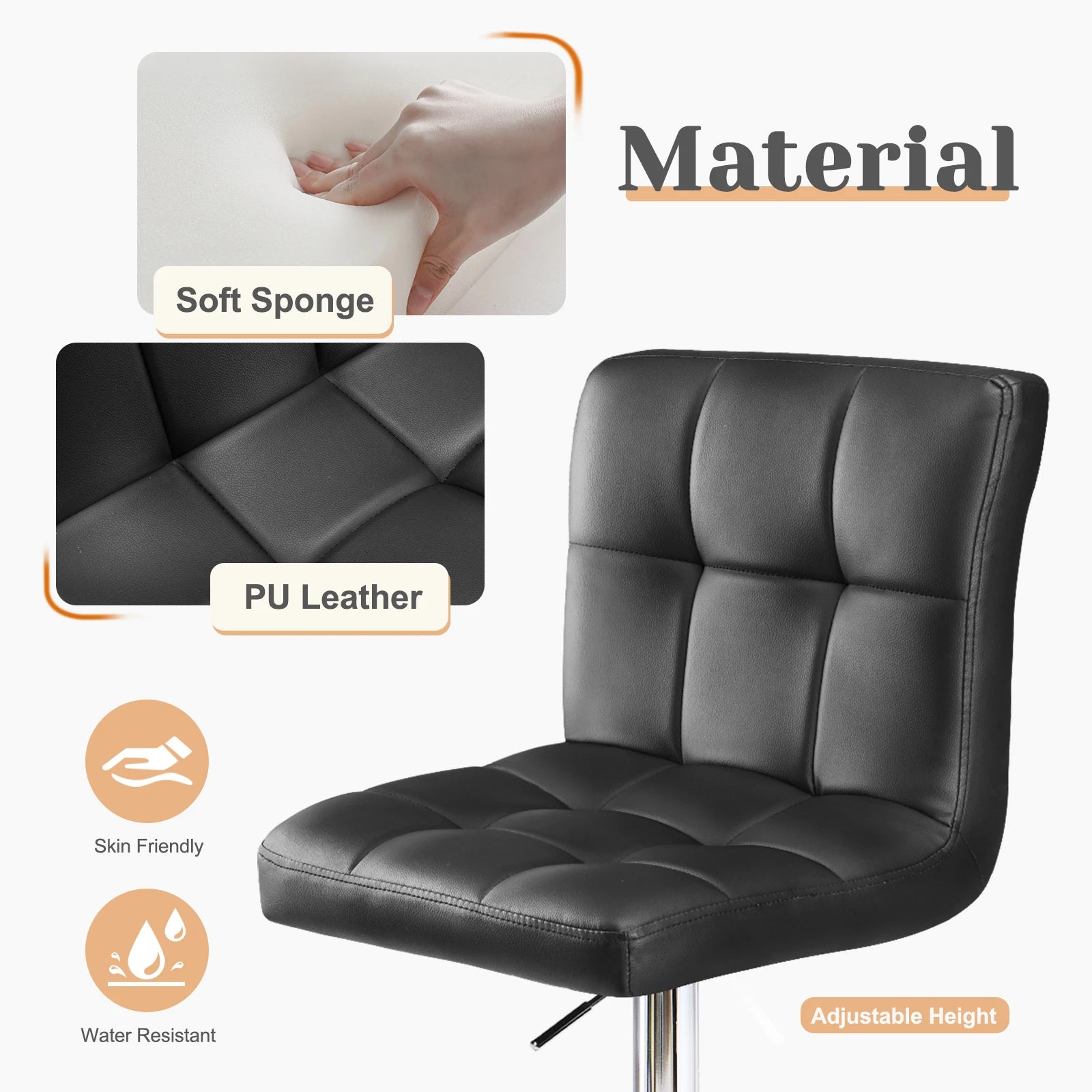 Leather upholstered Bar Stools Set of 2  ,SGS Certified Gas cylinder Comfortable Backrest