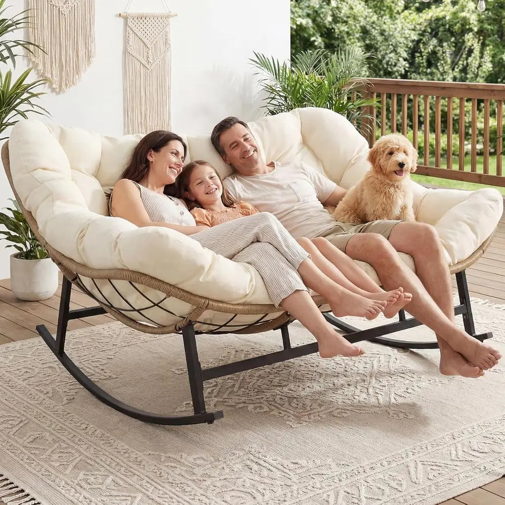 2-Person Wicker Rocking Loveseat with Cushion for Outdoor Relaxation