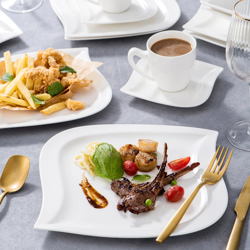 30/60 Piece White Porcelain Dinner Set with Cups Saucers Dessert Soup Dinner Plates Tableware Service for 6/12
