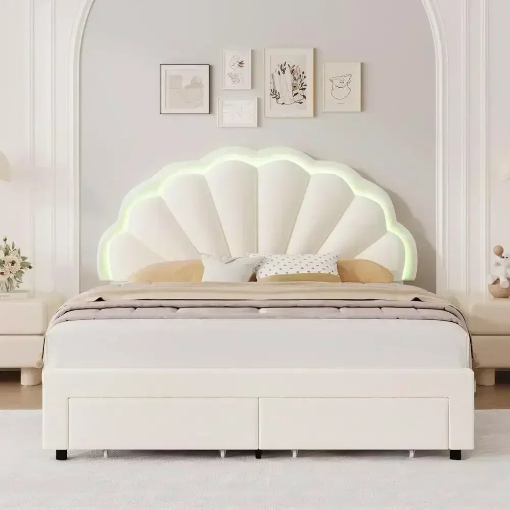 Upholstered LED Bed with Storage Drawers, Adjustable Headboard, Solid Wood Slat Support,