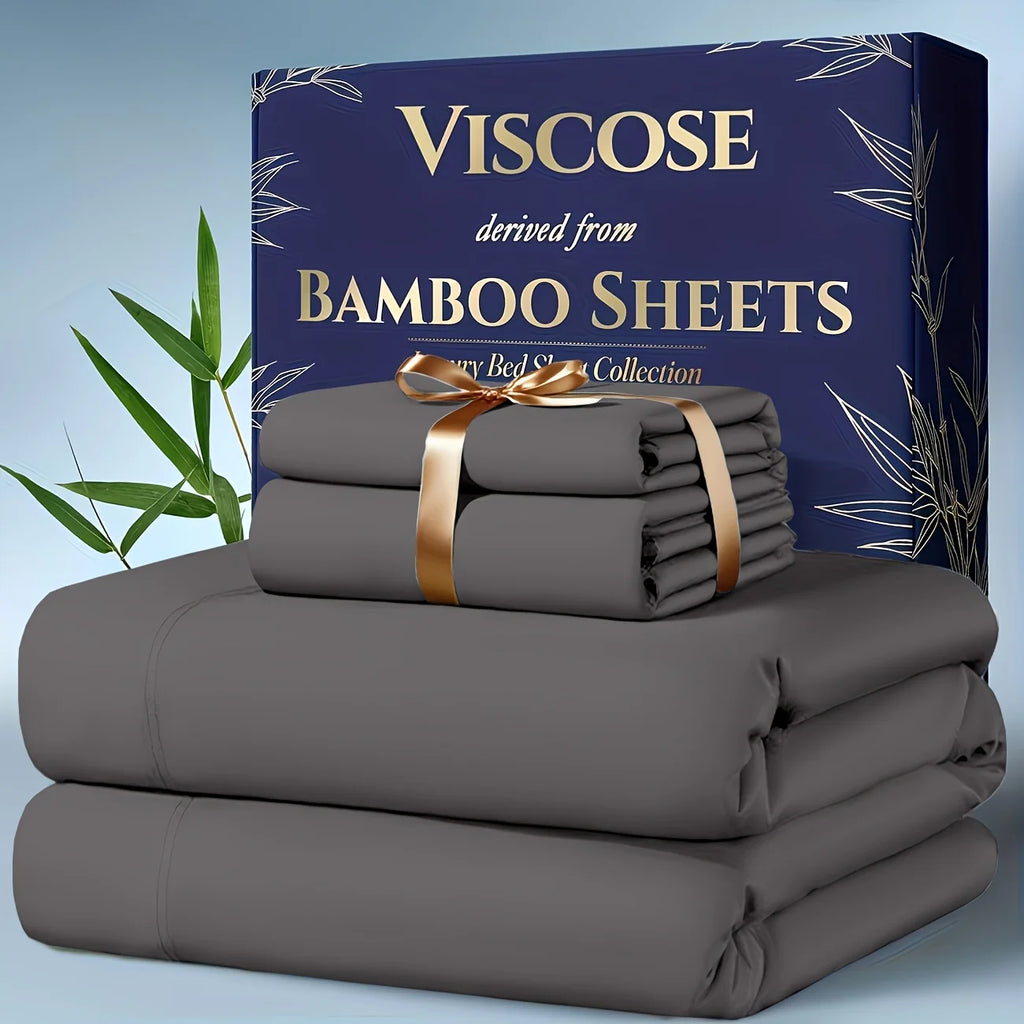 4pcs Bamboo Cooling Bedding Set, Extra-Deep Pockets, Breathable Sheets for Hot Sleepers, W/ Pillow Cases, Flat & Fitted Sheets
