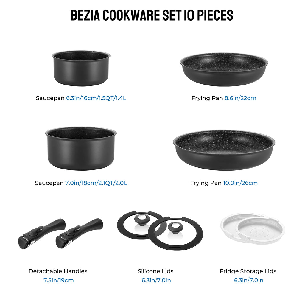 10-Piece Induction Cookware Set  with Removable Handles,  Stackable &, Dishwasher