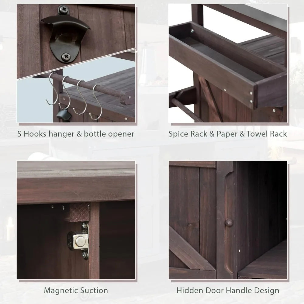 Outdoor Bar Cart with Storage, Portable Rolling Kitchen Island, Stainless Steel Top for Grill  Dark Brown
