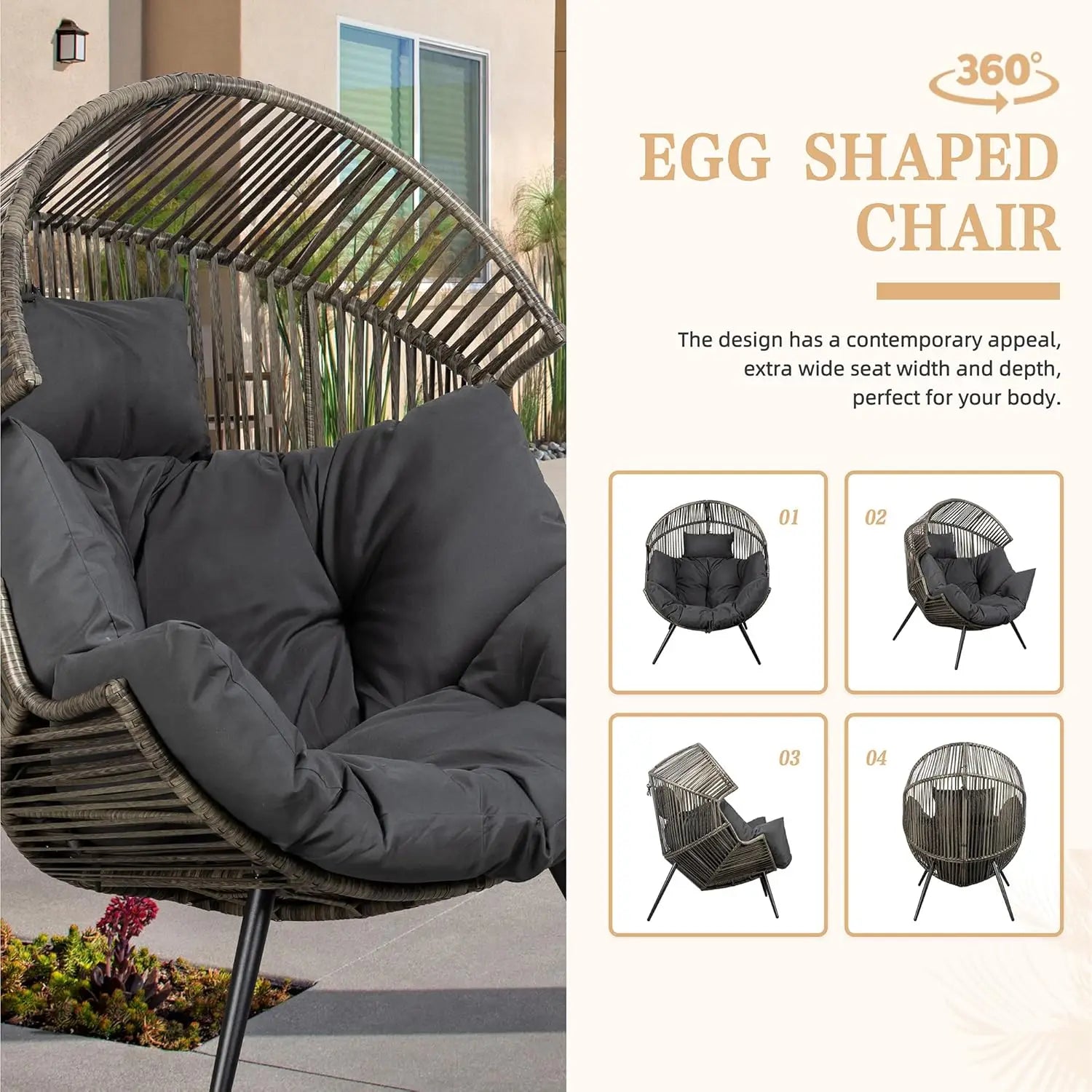 Outdoor  Oversized PE Rattan Wicker egg chair with cushion for  Patio, Balcony, Backyard ,indoor or outdoor use