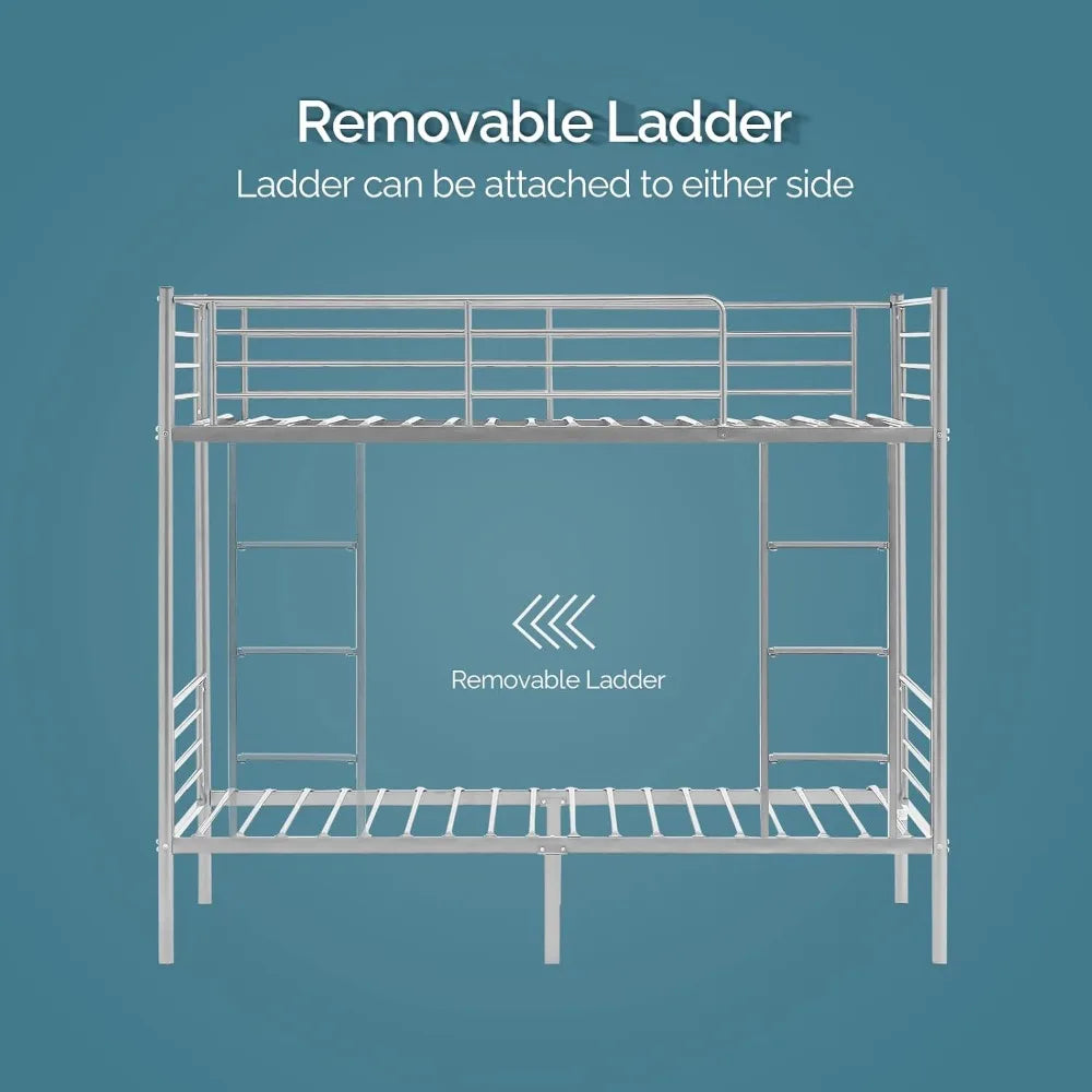 Metal Bunk Bed Twin Over Twin, Heavy Duty with Flat Steps for Kids, Teens & Adults,