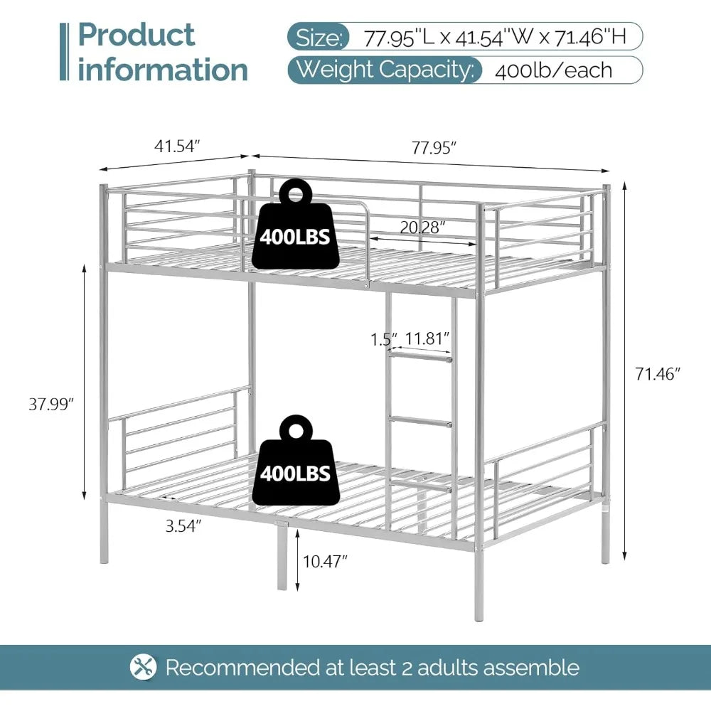 Metal Bunk Bed Twin Over Twin, Heavy Duty with Flat Steps for Kids, Teens & Adults,