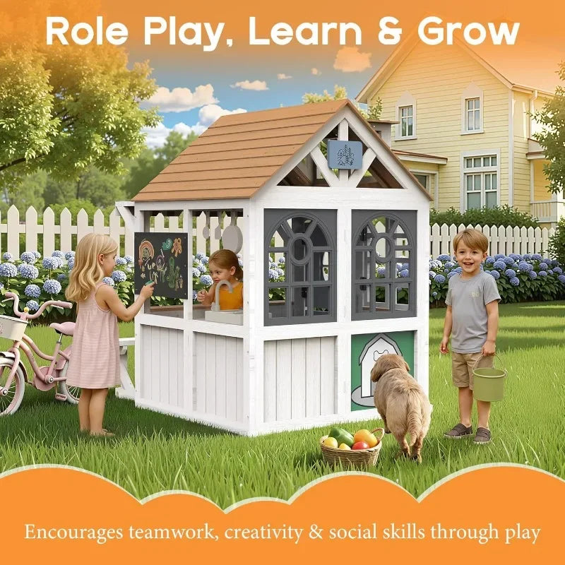 Outdoor Wooden Playhouse with Kitchen Set ,Chalkboard with Waterproof Roof & Rust-Resistant Hinges,