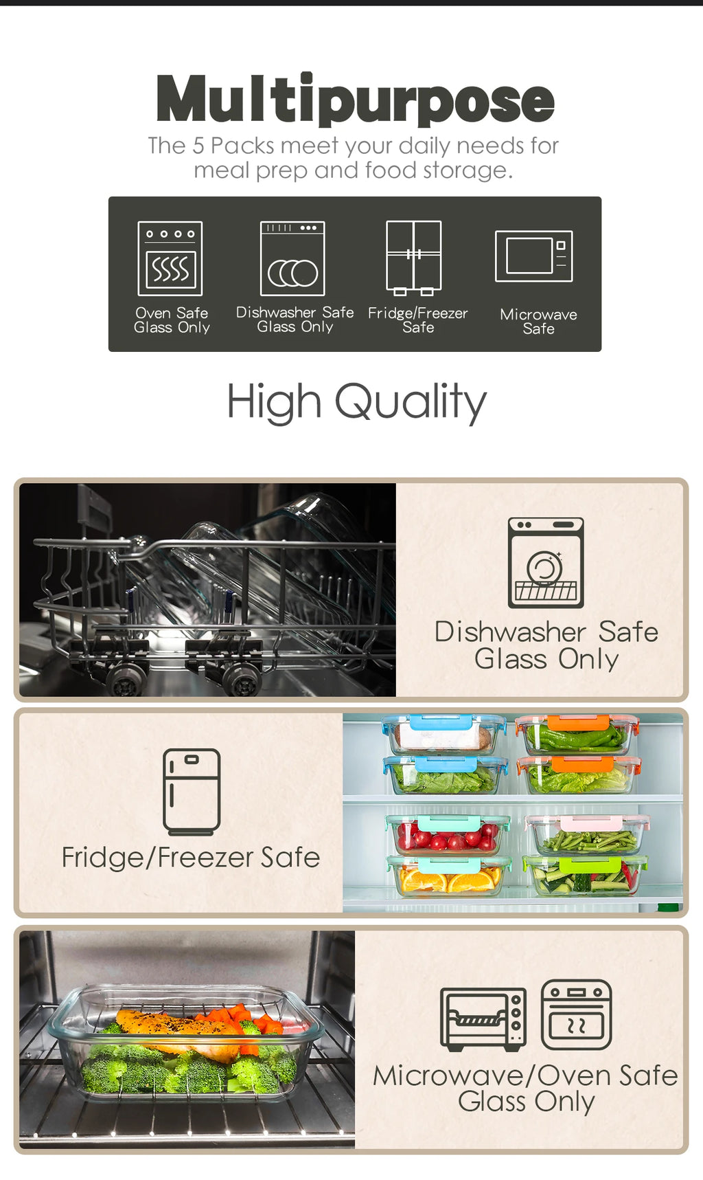5-Pack Glass Food Storage Containers with Divided Compartments, Leak-Proof, Microwave & Freezer Safe,