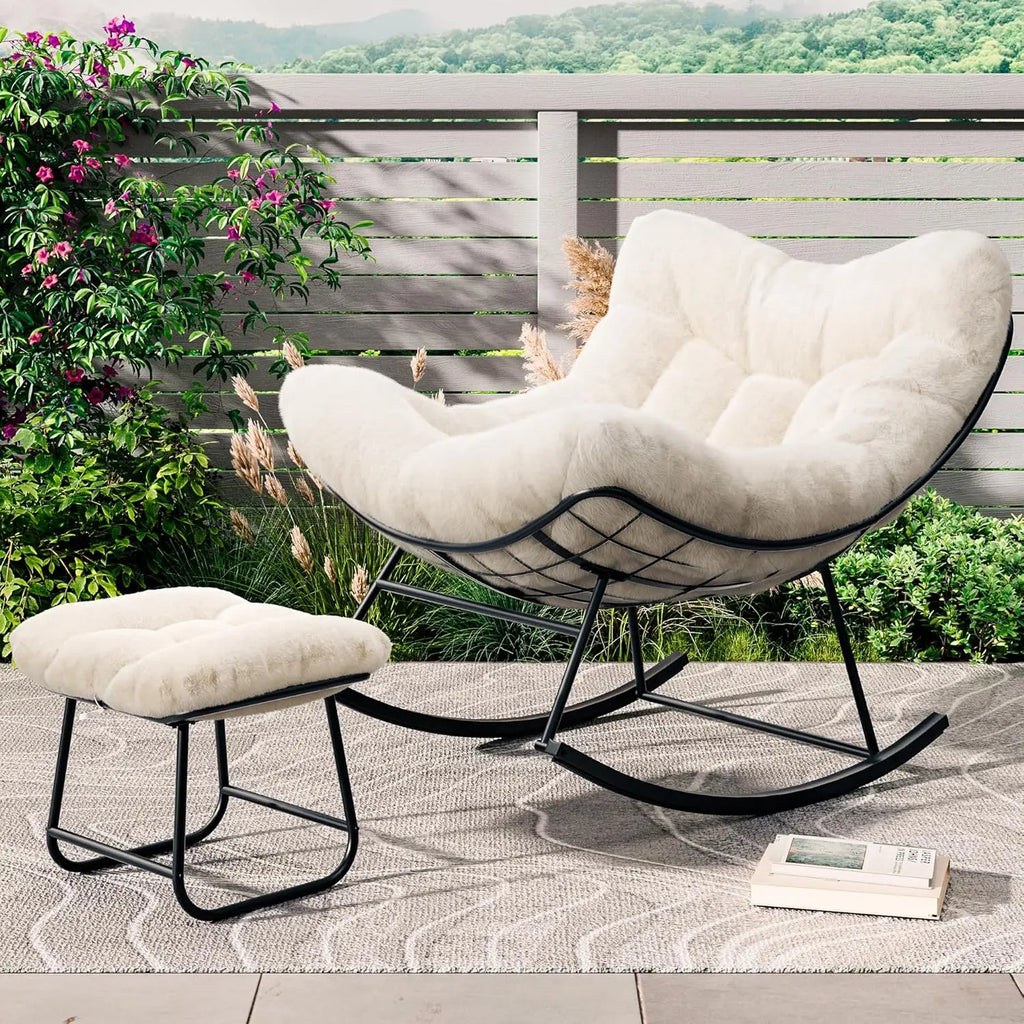 Outdoor Oversized Papasan Rattan Egg  Rocking Chair with Footrest, For, Patio ,  Balcony, Backyard ,Porch, Bedroom.