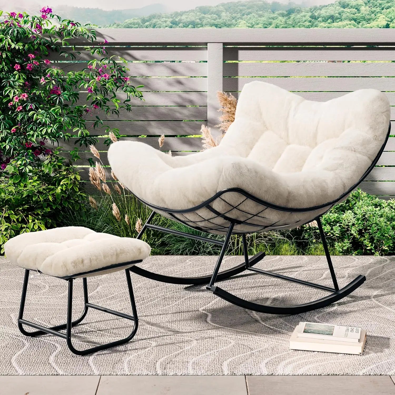 Outdoor Oversized Papasan Rattan Egg  Rocking Chair with Footrest, For, Patio ,  Balcony, Backyard ,Porch, Bedroom.