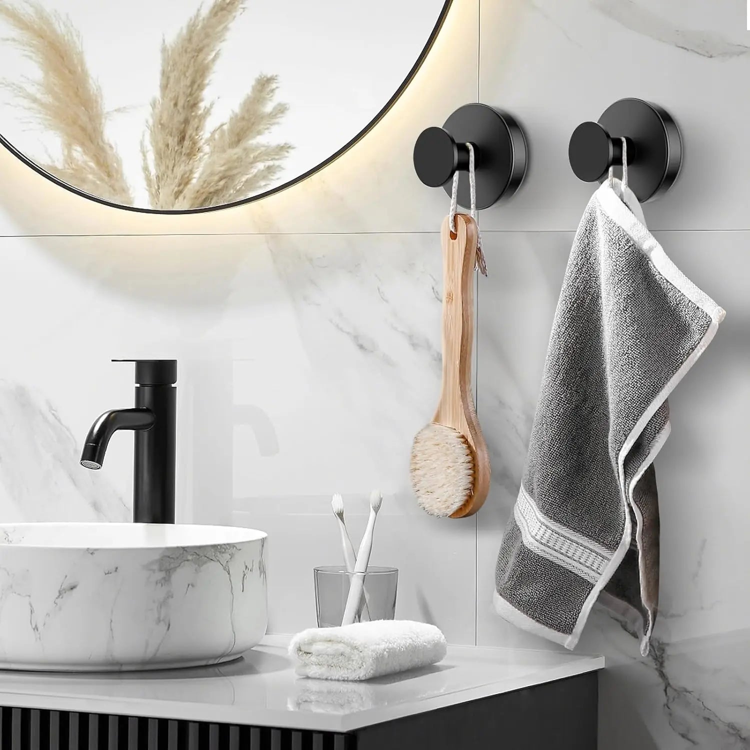 Matte Black Suction Towel Hooks, 2-Pack  Wall Hangers for Bathroom, Bedroom &  Kitchen