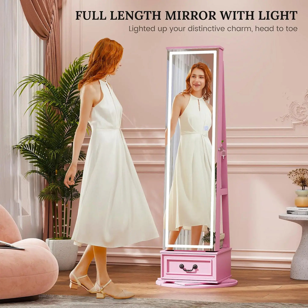 LED Mirror Jewelry Cabinet Standing, 360°Swivel  with Full Length Mirror, Storage