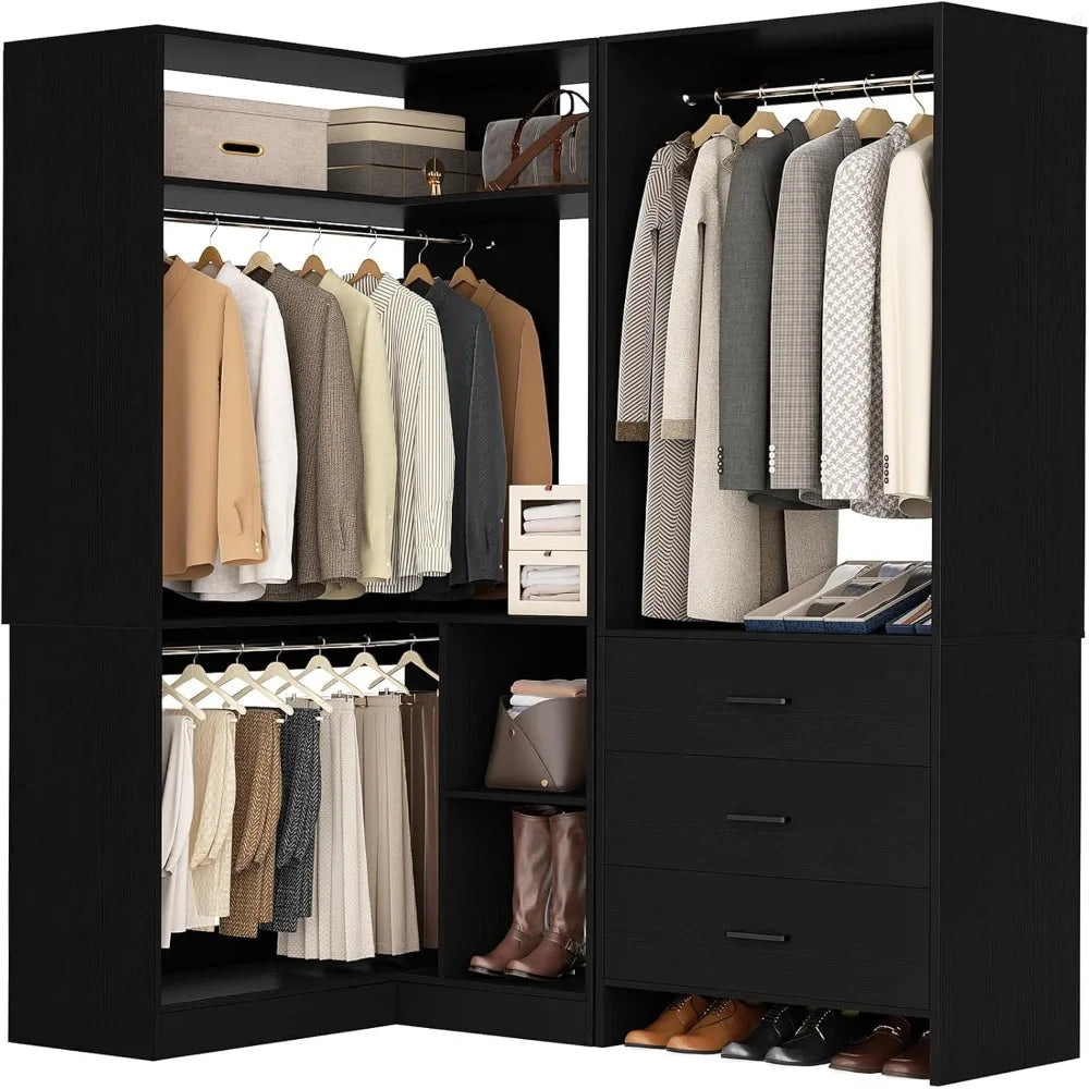 L-Shaped Closet Organizer with 3 Drawers, Hanging Rods & Corner Tower, 1300+ lbs Capacity,
