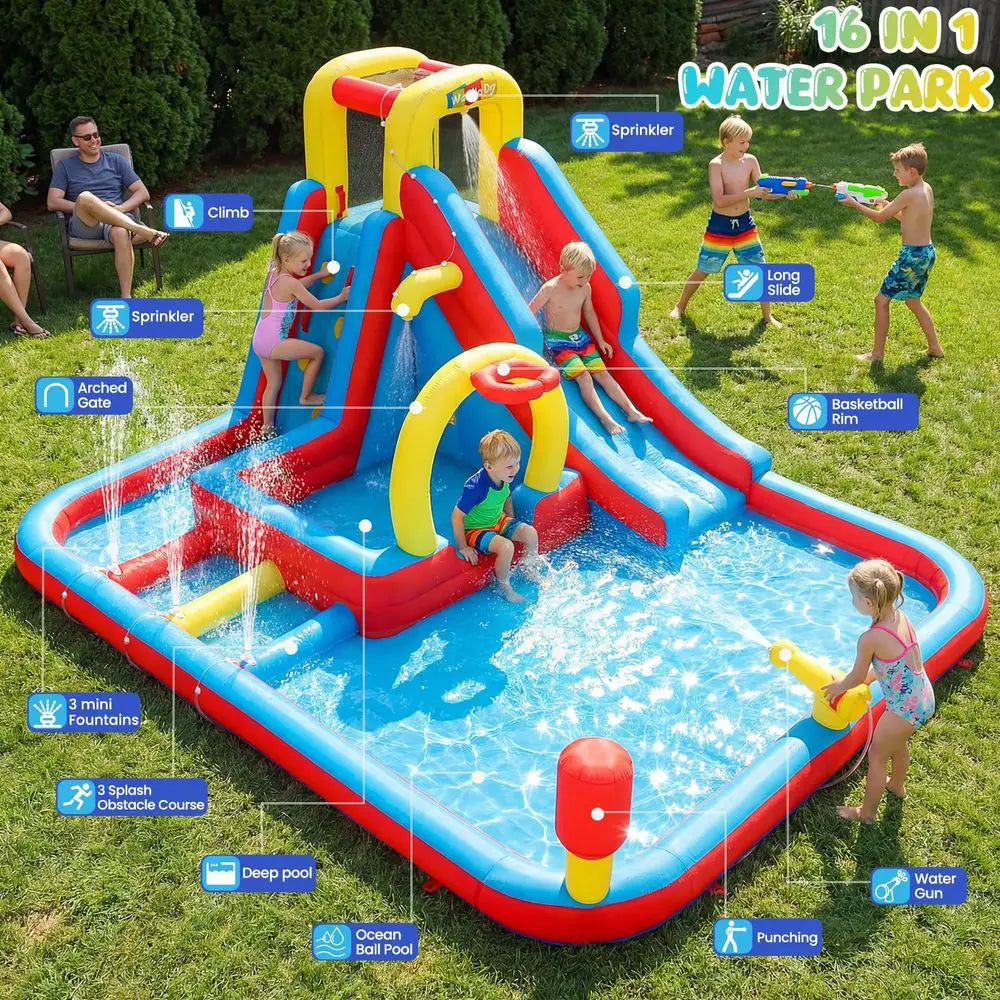 Inflatable Water Slide s, 16 in1 Backyard  with Deep Splash Pool, Unique Triple Sprinkler