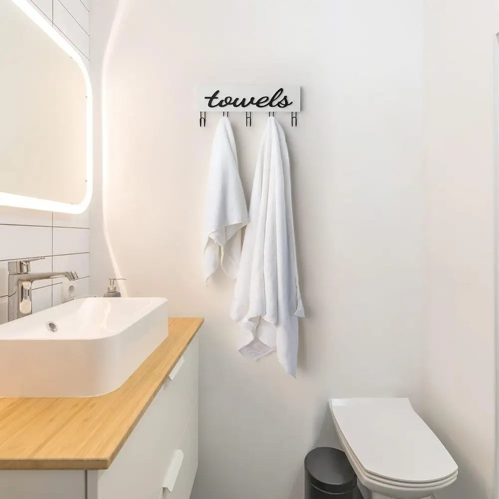 Rustic White Wood Wall-Mounted Towel Rack with Hooks