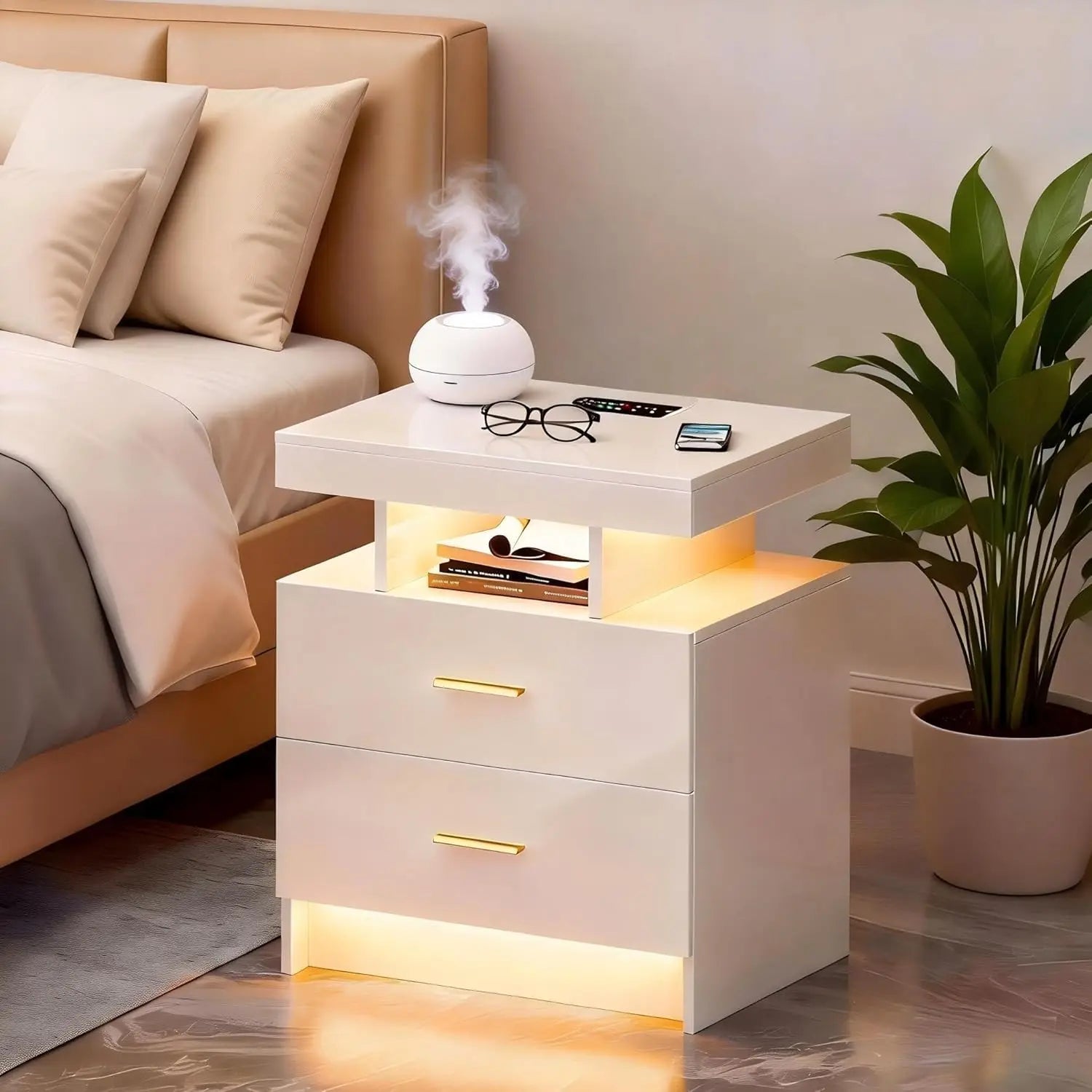 Black Night Stand Set 2  with Wireless Charging 3 Drawers Glass Top