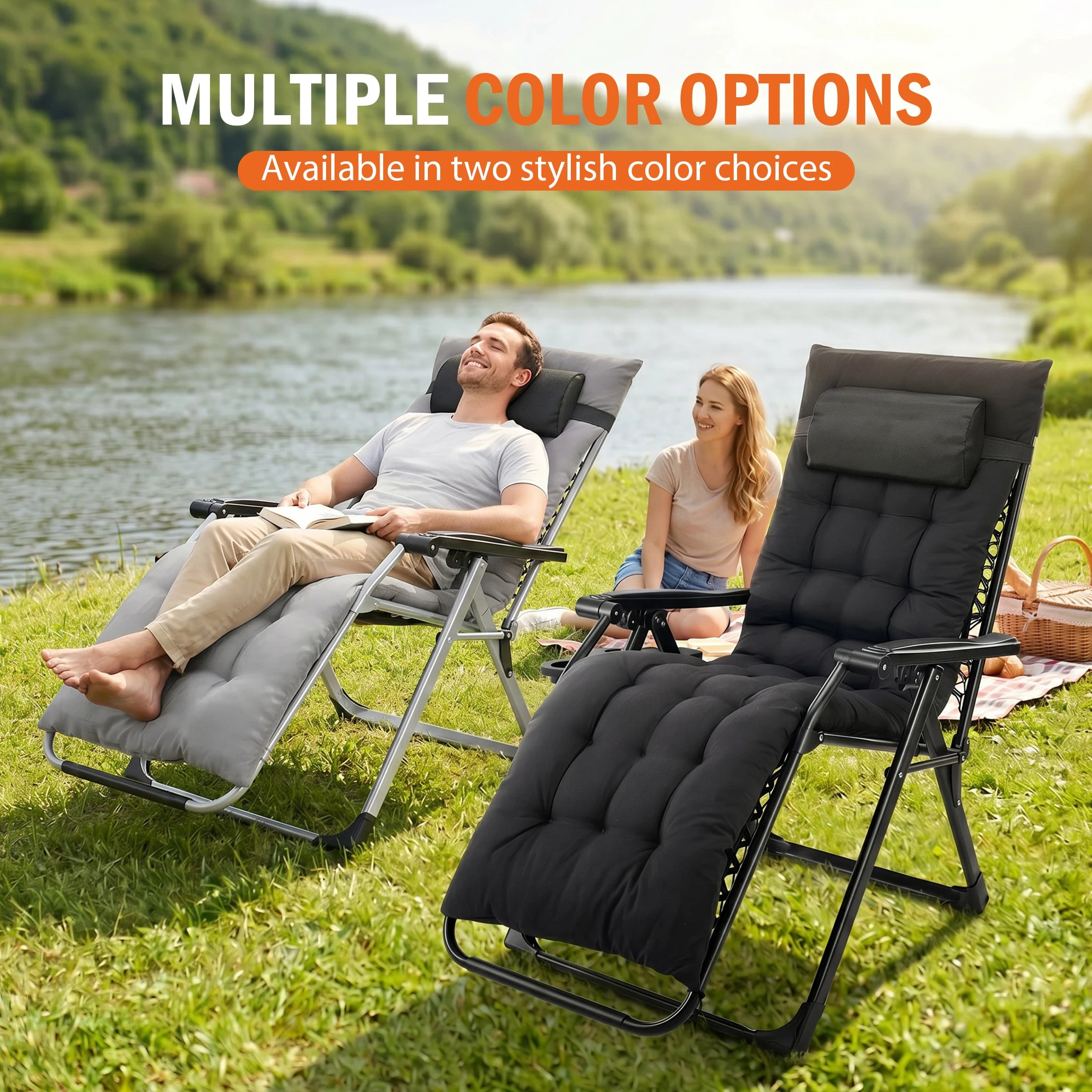Reclining Camping Lounge Chair Soft Cushion Patio Chairs with Cup Holder Trays and Removable Cushion Folding